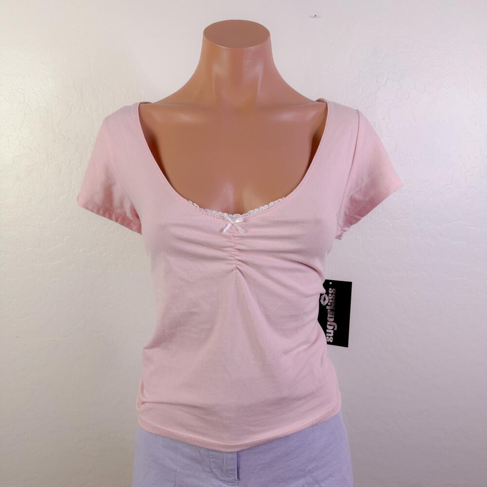 Babydoll Light Pink Coquette Top Sz XL NWT Lace Trim Bow Scoop Ruched Y2K 2000s